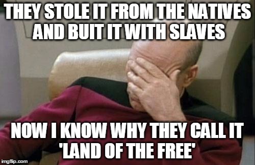 Captain Picard Facepalm Meme | THEY STOLE IT FROM THE NATIVES AND BUIT IT WITH SLAVES; NOW I KNOW WHY THEY CALL IT           'LAND OF THE FREE' | image tagged in memes,captain picard facepalm | made w/ Imgflip meme maker