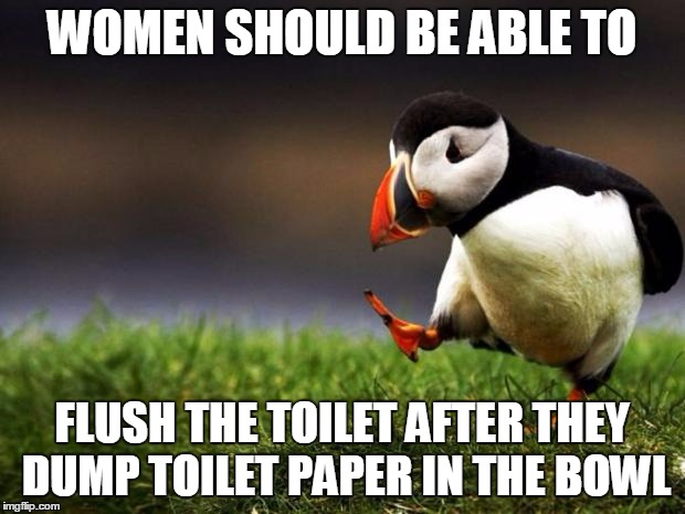 Unpopular Opinion Puffin Meme | WOMEN SHOULD BE ABLE TO; FLUSH THE TOILET AFTER THEY DUMP TOILET PAPER IN THE BOWL | image tagged in memes,unpopular opinion puffin | made w/ Imgflip meme maker