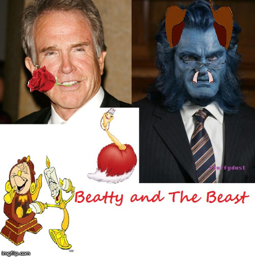 beatty and the beast | image tagged in beauty and the beast,x men,warren beatty,kelsey grammar,useless | made w/ Imgflip meme maker
