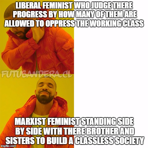 Drake Hotline Bling | LIBERAL FEMINIST WHO JUDGE THERE PROGRESS BY HOW MANY OF THEM ARE ALLOWED TO OPPRESS THE WORKING CLASS; MARXIST FEMINIST STANDING SIDE BY SIDE WITH THERE BROTHER AND SISTERS TO BUILD A CLASSLESS SOCIETY | image tagged in drake | made w/ Imgflip meme maker