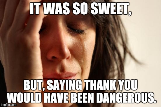 First World Problems Meme | IT WAS SO SWEET, BUT, SAYING THANK YOU WOULD HAVE BEEN DANGEROUS. | image tagged in memes,first world problems | made w/ Imgflip meme maker