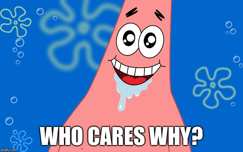 Patrick Drooling Spongebob | WHO CARES WHY? | image tagged in patrick drooling spongebob | made w/ Imgflip meme maker