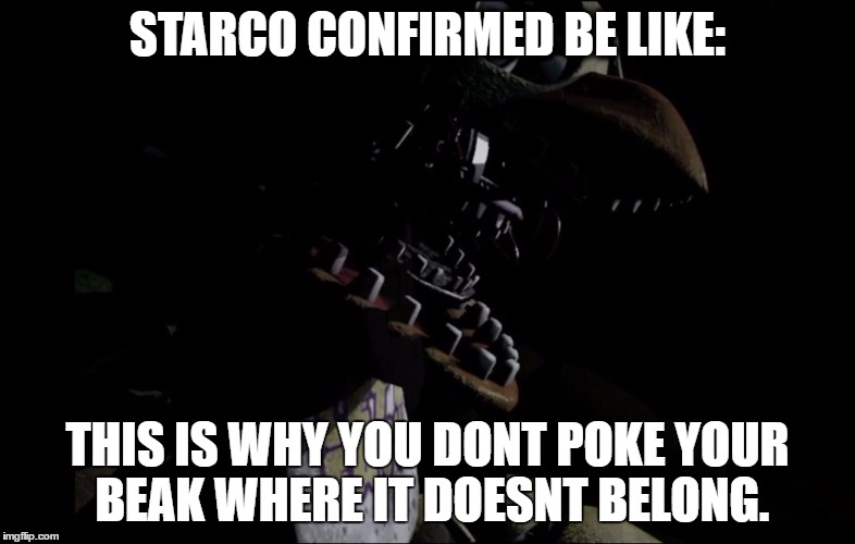 STRACO CONFIRMATION | STARCO CONFIRMED BE LIKE:; THIS IS WHY YOU DONT POKE YOUR BEAK WHERE IT DOESNT BELONG. | image tagged in chica from fnaf 2,star vs the forces of evil | made w/ Imgflip meme maker