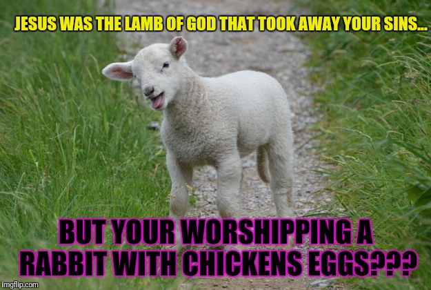 THE LAMB OF GOD WAS NOT A RABBIT OR CHICKEN | JESUS WAS THE LAMB OF GOD THAT TOOK AWAY YOUR SINS... BUT YOUR WORSHIPPING A RABBIT WITH CHICKENS EGGS??? | image tagged in lamb of god,easter,passover,sacrifice,church,holiday | made w/ Imgflip meme maker