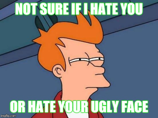 Futurama Fry | NOT SURE IF I HATE YOU; OR HATE YOUR UGLY FACE | image tagged in memes,futurama fry | made w/ Imgflip meme maker
