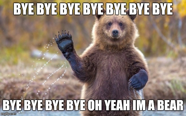 bye bye bear | BYE BYE BYE BYE BYE BYE BYE; BYE BYE BYE BYE OH YEAH IM A BEAR | image tagged in bye bye bear | made w/ Imgflip meme maker