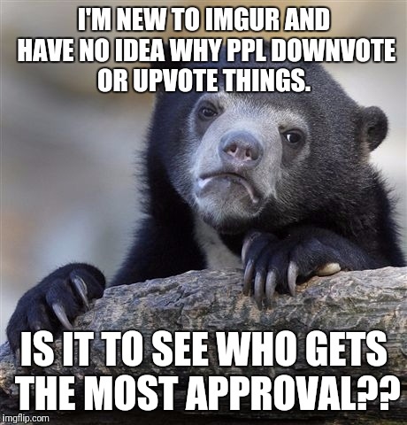 Confession Bear Meme | I'M NEW TO IMGUR AND HAVE NO IDEA WHY PPL DOWNVOTE OR UPVOTE THINGS. IS IT TO SEE WHO GETS THE MOST APPROVAL?? | image tagged in memes,confession bear | made w/ Imgflip meme maker
