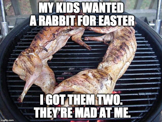 Happy Easter! | MY KIDS WANTED A RABBIT FOR EASTER; I GOT THEM TWO. THEY'RE MAD AT ME. | image tagged in rabbit,easter,bunny,eggs,bbq,kids | made w/ Imgflip meme maker