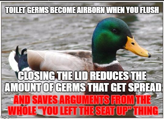 TOILET GERMS BECOME AIRBORN WHEN YOU FLUSH; CLOSING THE LID REDUCES THE AMOUNT OF GERMS THAT GET SPREAD; AND SAVES ARGUMENTS FROM THE WHOLE "YOU LEFT THE SEAT UP" THING | image tagged in actual advice mallard,memes,toilet seat up,toilet lid,germs | made w/ Imgflip meme maker