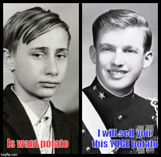 I will sell you this YUGE potato; Is want potato | image tagged in vladimir putin,donald trump | made w/ Imgflip meme maker