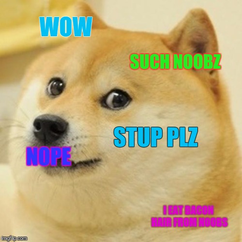 Doge Meme | WOW; SUCH NOOBZ; STUP PLZ; NOPE; I EAT BACON HAIR FROM NOOBS | image tagged in memes,doge | made w/ Imgflip meme maker