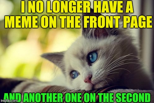 Do I have a meme on the third page? No. | I NO LONGER HAVE A MEME ON THE FRONT PAGE; AND ANOTHER ONE ON THE SECOND | image tagged in memes,first world problems cat,memes about memes | made w/ Imgflip meme maker
