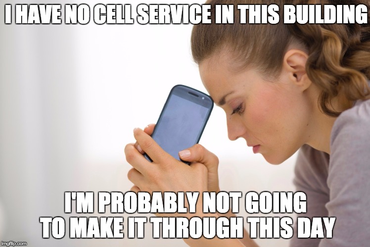 Cell Phone No Signal | I HAVE NO CELL SERVICE IN THIS BUILDING; I'M PROBABLY NOT GOING TO MAKE IT THROUGH THIS DAY | image tagged in cell phone no signal | made w/ Imgflip meme maker