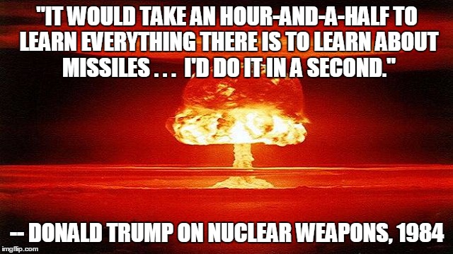 "IT WOULD TAKE AN HOUR-AND-A-HALF TO LEARN EVERYTHING THERE IS TO LEARN ABOUT MISSILES . . .  I'D DO IT IN A SECOND."; -- DONALD TRUMP ON NUCLEAR WEAPONS, 1984 | image tagged in politics,nuclear power | made w/ Imgflip meme maker