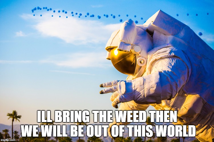 life at Coachella be like | ILL BRING THE WEED THEN WE WILL BE OUT OF THIS WORLD | image tagged in weed,space weed,astronaut | made w/ Imgflip meme maker