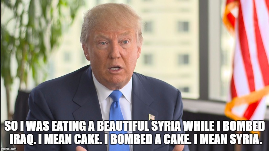 Dumb Drumpf | SO I WAS EATING A BEAUTIFUL SYRIA WHILE I BOMBED IRAQ. I MEAN CAKE. I BOMBED A CAKE. I MEAN SYRIA. | image tagged in donald trump,america,cute puppies | made w/ Imgflip meme maker