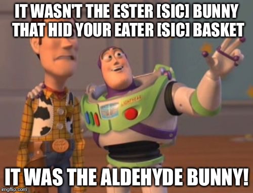 X, X Everywhere Meme | IT WASN'T THE ESTER [SIC] BUNNY THAT HID YOUR EATER [SIC] BASKET IT WAS THE ALDEHYDE BUNNY! | image tagged in memes,x x everywhere | made w/ Imgflip meme maker
