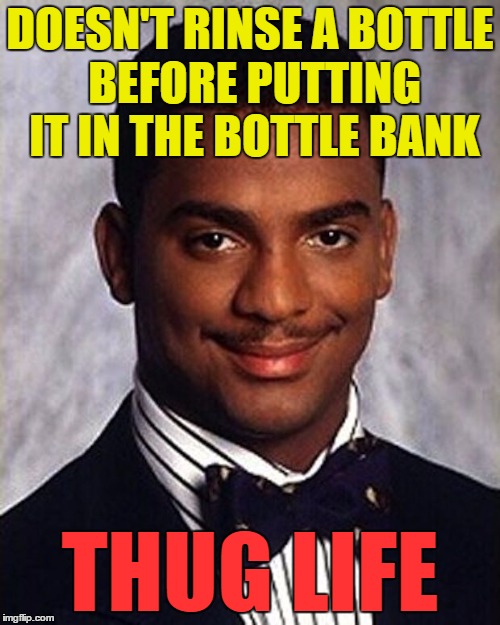 That's how he rolls... :) | DOESN'T RINSE A BOTTLE BEFORE PUTTING IT IN THE BOTTLE BANK; THUG LIFE | image tagged in carlton banks thug life,memes,thug life,recycling | made w/ Imgflip meme maker