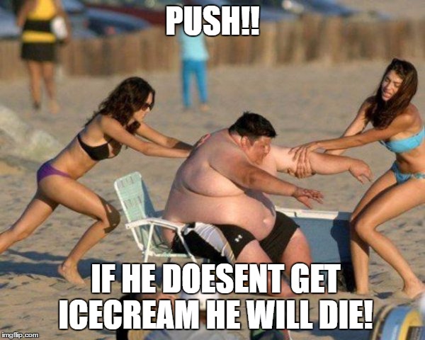 Women Helping Fat Guy | PUSH!! IF HE DOESENT GET ICECREAM HE WILL DIE! | image tagged in women helping fat guy | made w/ Imgflip meme maker