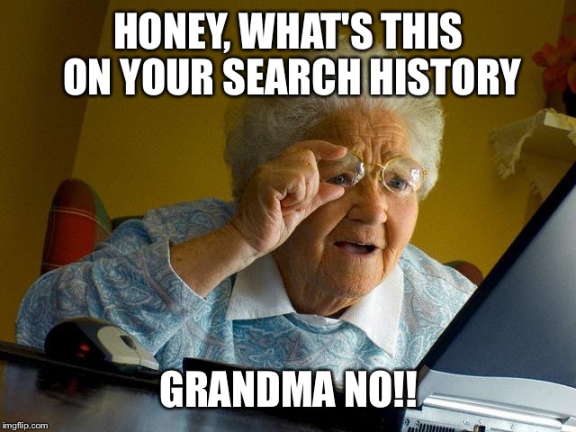 Grandma Finds The Internet | HONEY, WHAT'S THIS ON YOUR SEARCH HISTORY; GRANDMA NO!! | image tagged in memes,grandma finds the internet | made w/ Imgflip meme maker