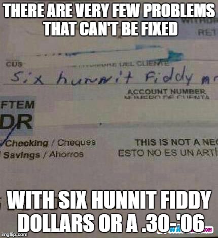 THERE ARE VERY FEW PROBLEMS THAT CAN'T BE FIXED; WITH SIX HUNNIT FIDDY DOLLARS OR A .30-'06 | image tagged in guns | made w/ Imgflip meme maker