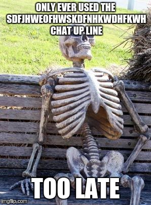 Waiting Skeleton Meme | ONLY EVER USED THE SDFJHWEOFHWSKDFNHKWDHFKWH CHAT UP LINE; TOO LATE | image tagged in memes,waiting skeleton | made w/ Imgflip meme maker