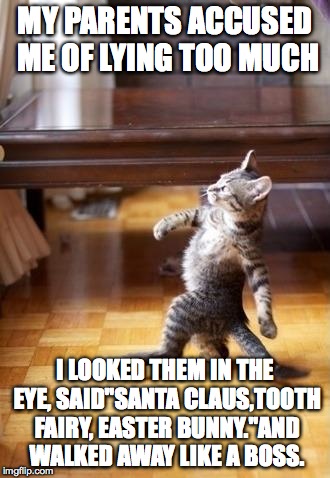 Cool Cat Stroll | MY PARENTS ACCUSED ME OF LYING TOO MUCH; I LOOKED THEM IN THE EYE, SAID"SANTA CLAUS,TOOTH FAIRY, EASTER BUNNY."AND WALKED AWAY LIKE A BOSS. | image tagged in memes,cool cat stroll | made w/ Imgflip meme maker