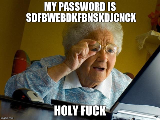 Grandma Finds The Internet Meme | MY PASSWORD IS SDFBWEBDKFBNSKDJCNCX; HOLY FUCK | image tagged in memes,grandma finds the internet | made w/ Imgflip meme maker