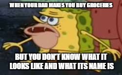 Spongegar | WHEN YOUR DAD MAKES YOU BUY GROCERIES; BUT YOU DON'T KNOW WHAT IT LOOKS LIKE AND WHAT ITS NAME IS | image tagged in memes,spongegar | made w/ Imgflip meme maker