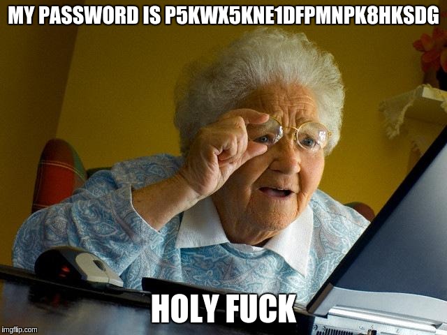 Grandma Finds The Internet Meme | MY PASSWORD IS P5KWX5KNE1DFPMNPK8HKSDG; HOLY FUCK | image tagged in memes,grandma finds the internet | made w/ Imgflip meme maker
