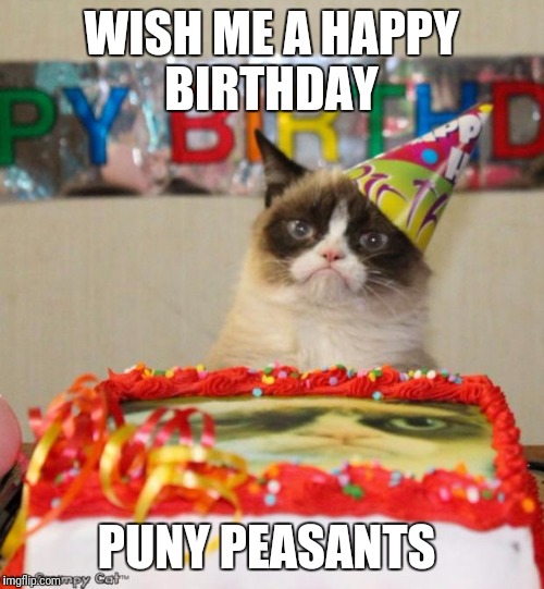 Grumpy Cat Birthday Meme | WISH ME A HAPPY BIRTHDAY; PUNY PEASANTS | image tagged in memes,grumpy cat birthday,grumpy cat | made w/ Imgflip meme maker
