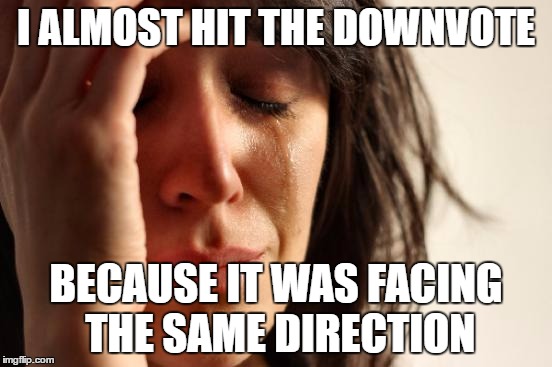 First World Problems Meme | I ALMOST HIT THE DOWNVOTE BECAUSE IT WAS FACING THE SAME DIRECTION | image tagged in memes,first world problems | made w/ Imgflip meme maker