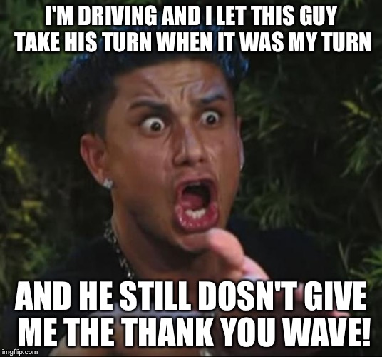 DJ Pauly D Meme | I'M DRIVING AND I LET THIS GUY TAKE HIS TURN WHEN IT WAS MY TURN; AND HE STILL DOSN'T GIVE ME THE THANK YOU WAVE! | image tagged in memes,dj pauly d | made w/ Imgflip meme maker