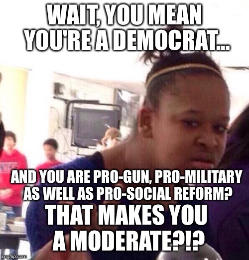 Black Girl Wat Meme | WAIT, YOU MEAN YOU'RE A DEMOCRAT… AND YOU ARE PRO-GUN, PRO-MILITARY AS WELL AS PRO-SOCIAL REFORM? THAT MAKES YOU A MODERATE?!? | image tagged in memes,black girl wat | made w/ Imgflip meme maker