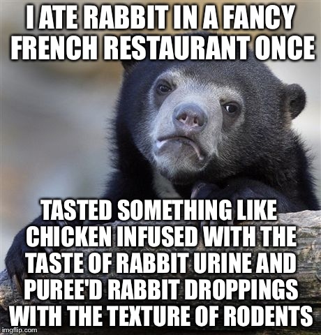 Confession Bear Meme | I ATE RABBIT IN A FANCY FRENCH RESTAURANT ONCE TASTED SOMETHING LIKE CHICKEN INFUSED WITH THE TASTE OF RABBIT URINE AND PUREE'D RABBIT DROPP | image tagged in memes,confession bear | made w/ Imgflip meme maker