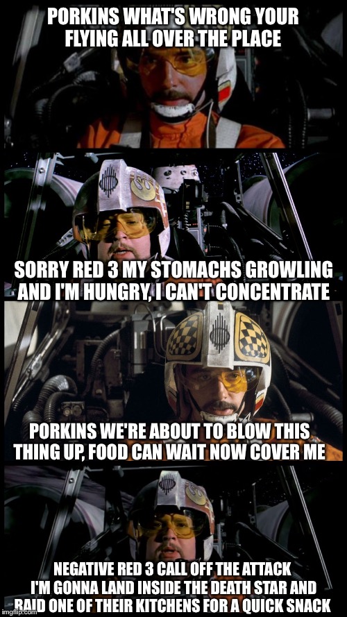 Star Wars Porkins | PORKINS WHAT'S WRONG YOUR FLYING ALL OVER THE PLACE; SORRY RED 3 MY STOMACHS GROWLING AND I'M HUNGRY, I CAN'T CONCENTRATE; PORKINS WE'RE ABOUT TO BLOW THIS THING UP, FOOD CAN WAIT NOW COVER ME; NEGATIVE RED 3 CALL OFF THE ATTACK I'M GONNA LAND INSIDE THE DEATH STAR AND RAID ONE OF THEIR KITCHENS FOR A QUICK SNACK | image tagged in star wars porkins | made w/ Imgflip meme maker
