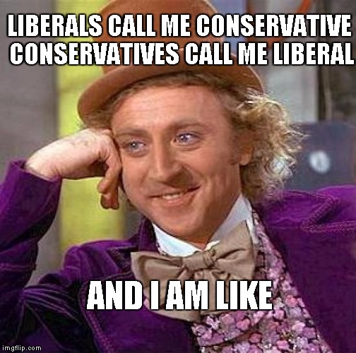 You don't know me! | LIBERALS CALL ME CONSERVATIVE CONSERVATIVES CALL ME LIBERAL; AND I AM LIKE | image tagged in memes,creepy condescending wonka | made w/ Imgflip meme maker