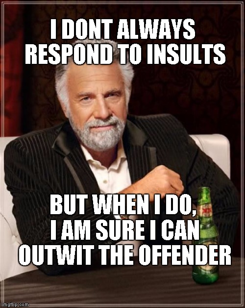 The Most Interesting Man In The World Meme | I DONT ALWAYS RESPOND TO INSULTS BUT WHEN I DO, I AM SURE I CAN OUTWIT THE OFFENDER | image tagged in memes,the most interesting man in the world | made w/ Imgflip meme maker