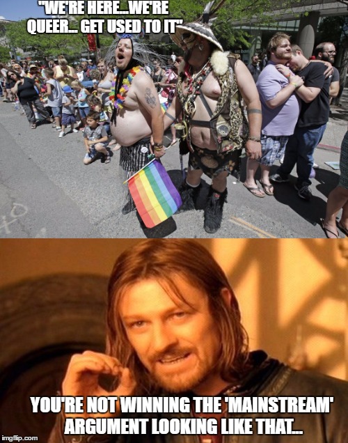 Not that there's anything wrong with that...just saying.... | "WE'RE HERE...WE'RE QUEER... GET USED TO IT"; YOU'RE NOT WINNING THE 'MAINSTREAM' ARGUMENT LOOKING LIKE THAT... | image tagged in reality | made w/ Imgflip meme maker