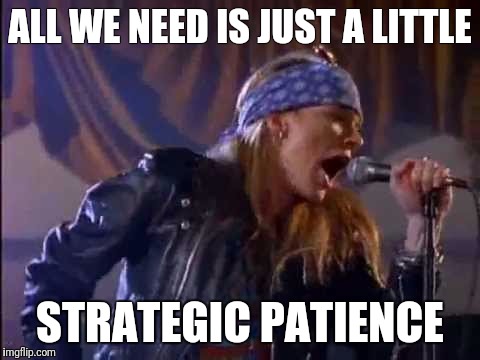 Axl Rose | ALL WE NEED IS JUST A LITTLE; STRATEGIC PATIENCE | image tagged in axl rose | made w/ Imgflip meme maker