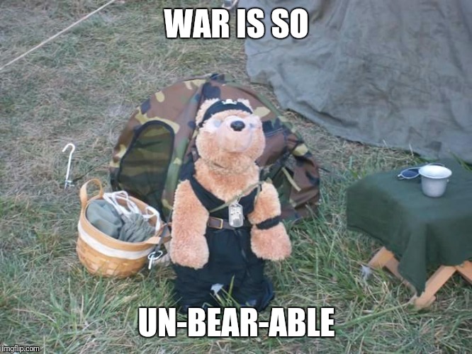 War is unbearable | WAR IS SO; UN-BEAR-ABLE | image tagged in military,bear,war,teddy bear,camouflage | made w/ Imgflip meme maker