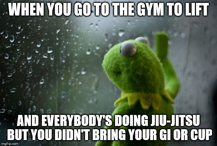 kermit window | WHEN YOU GO TO THE GYM TO LIFT; AND EVERYBODY'S DOING JIU-JITSU BUT YOU DIDN'T BRING YOUR GI OR CUP | image tagged in kermit window | made w/ Imgflip meme maker