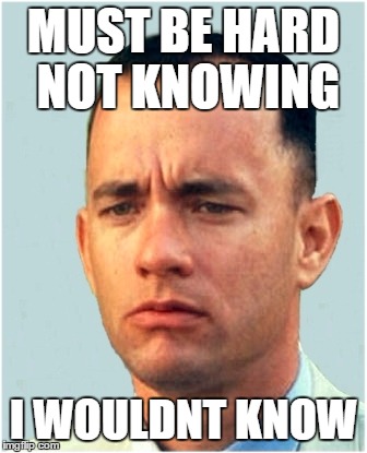 Forrest Gump - It Must Be Hard   .....Not Knowing | MUST BE HARD NOT KNOWING; I WOULDNT KNOW | image tagged in forrest,gump,noah | made w/ Imgflip meme maker