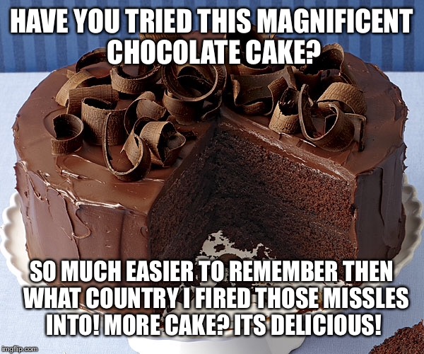 HAVE YOU TRIED THIS MAGNIFICENT CHOCOLATE CAKE? SO MUCH EASIER TO REMEMBER THEN  WHAT COUNTRY I FIRED THOSE MISSLES INTO! MORE CAKE? ITS DEL | made w/ Imgflip meme maker