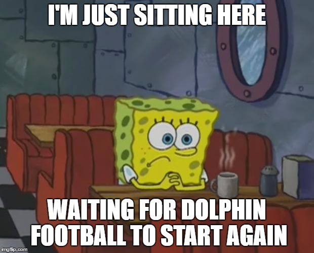 Spongebob Waiting | I'M JUST SITTING HERE; WAITING FOR DOLPHIN FOOTBALL TO START AGAIN | image tagged in spongebob waiting | made w/ Imgflip meme maker