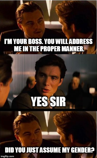 Inception | I'M YOUR BOSS. YOU WILL ADDRESS ME IN THE PROPER MANNER. YES SIR; DID YOU JUST ASSUME MY GENDER? | image tagged in memes,inception,did you just assume my gender,scumbag boss | made w/ Imgflip meme maker