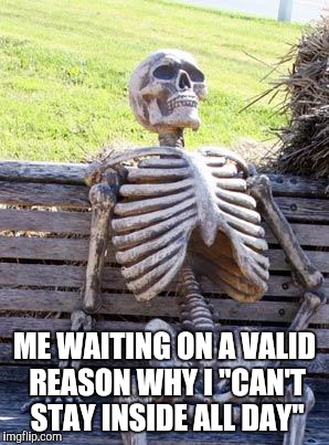Waiting Skeleton | ME WAITING ON A VALID REASON WHY I "CAN'T STAY INSIDE ALL DAY" | image tagged in memes,waiting skeleton | made w/ Imgflip meme maker