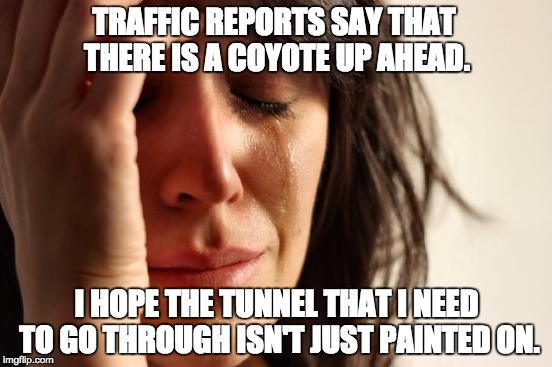 First World Problems | TRAFFIC REPORTS SAY THAT THERE IS A COYOTE UP AHEAD. I HOPE THE TUNNEL THAT I NEED TO GO THROUGH ISN'T JUST PAINTED ON. | image tagged in memes,first world problems | made w/ Imgflip meme maker
