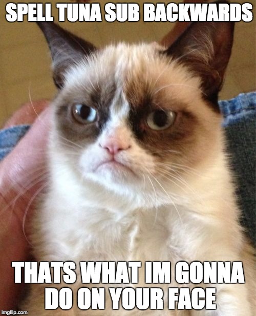 Grumpy Cat Meme | SPELL TUNA SUB BACKWARDS; THATS WHAT IM GONNA DO ON YOUR FACE | image tagged in memes,grumpy cat | made w/ Imgflip meme maker