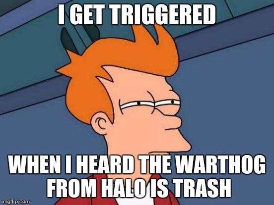 Futurama Fry Meme | I GET TRIGGERED WHEN I HEARD THE WARTHOG FROM HALO IS TRASH | image tagged in memes,futurama fry | made w/ Imgflip meme maker